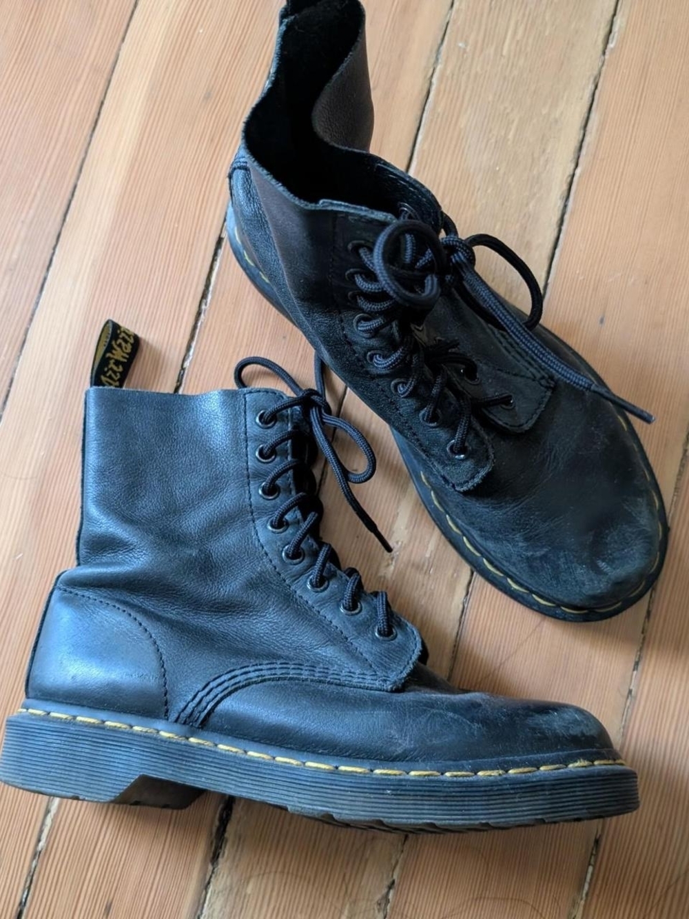 Dr. Martens Black Leather 8-Eye Lace-Up Boots with Yellow Stitching